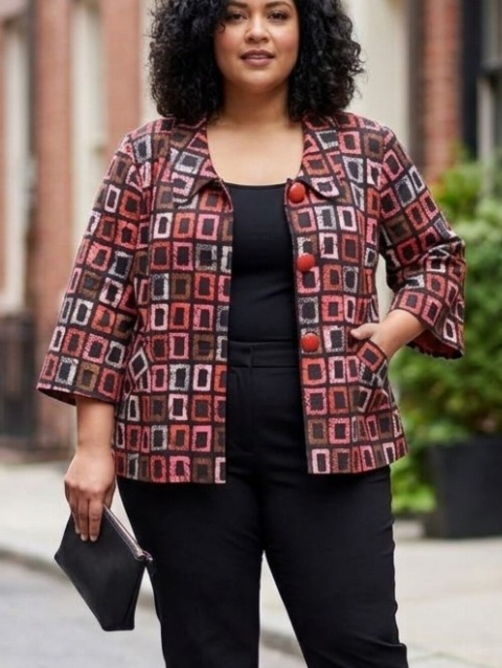 Trenz By Theresa Renz.. Plus-Size Geometric Red & Black Jacket. Art To Wear.